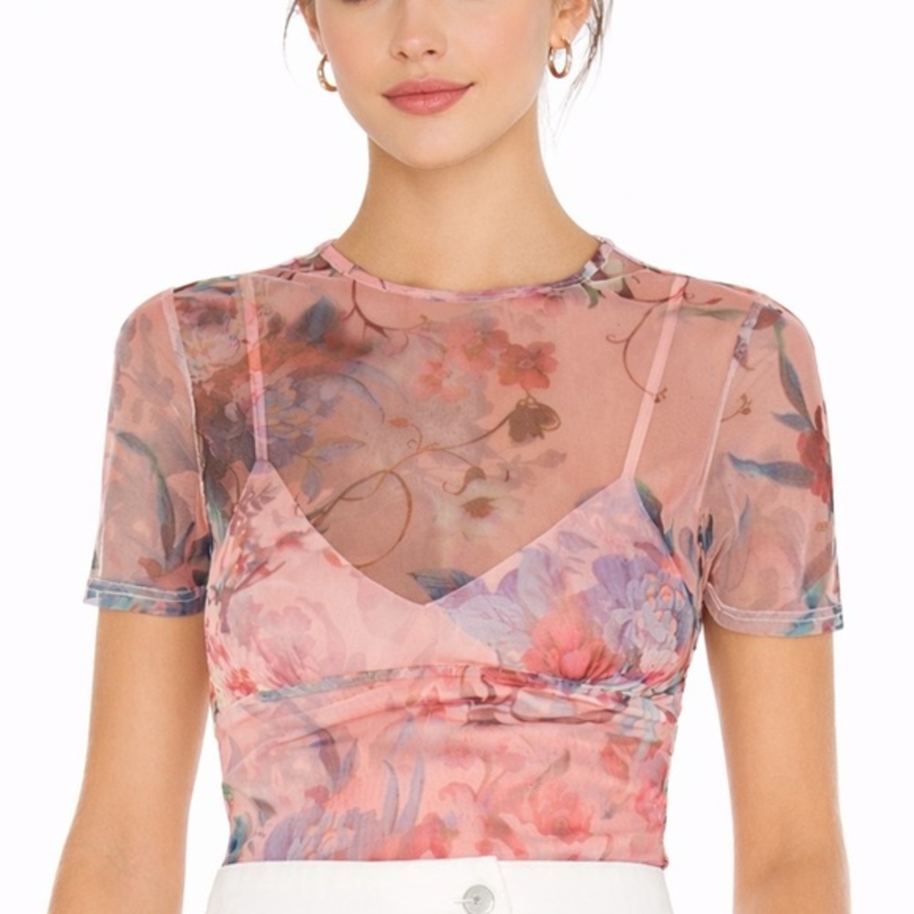 Floral Mesh Overlay Crop Top in Pink
